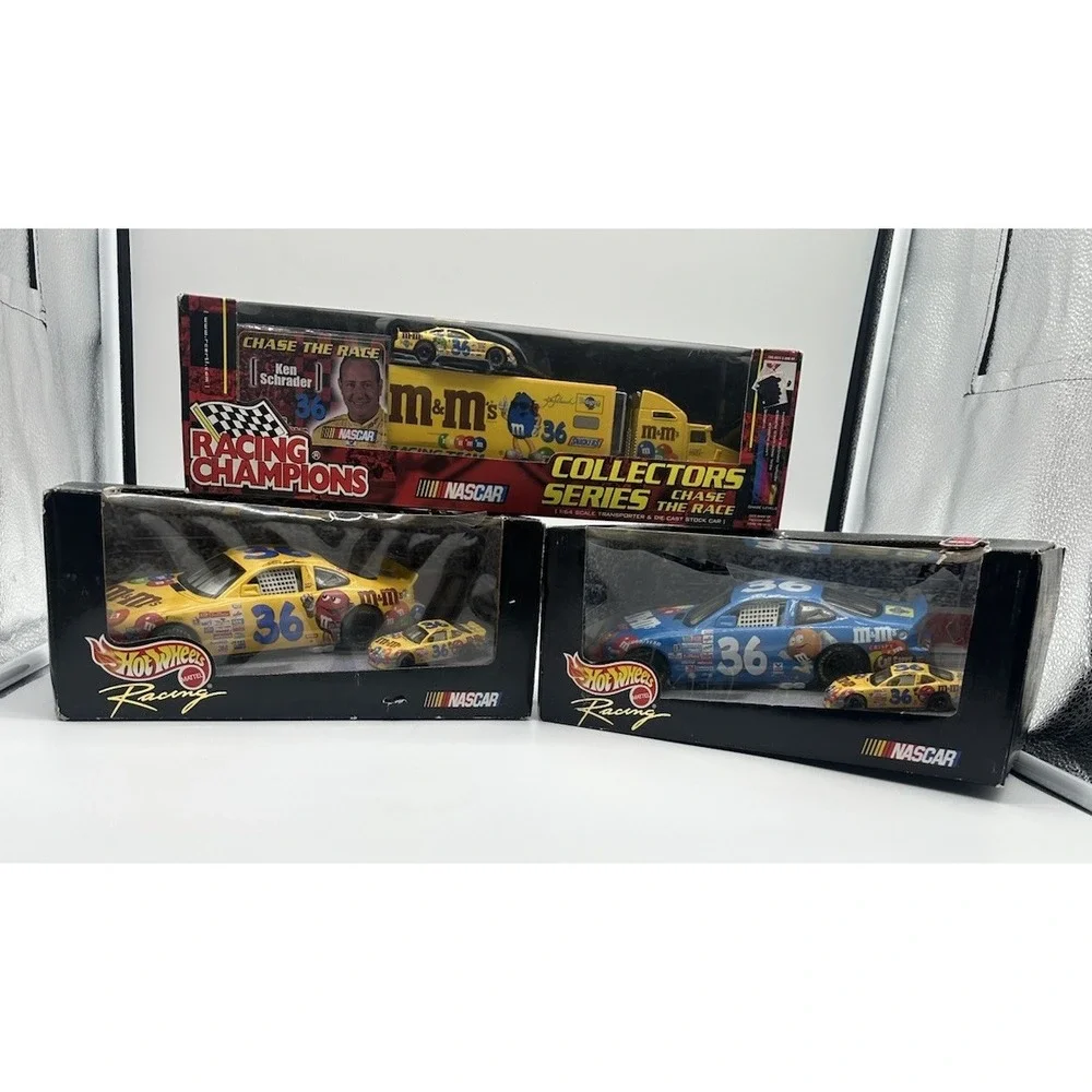 KEN SCHRADER #36 M&M'S NASCAR LOT TRANSPORTER & CARS W/MATCHING MINIS